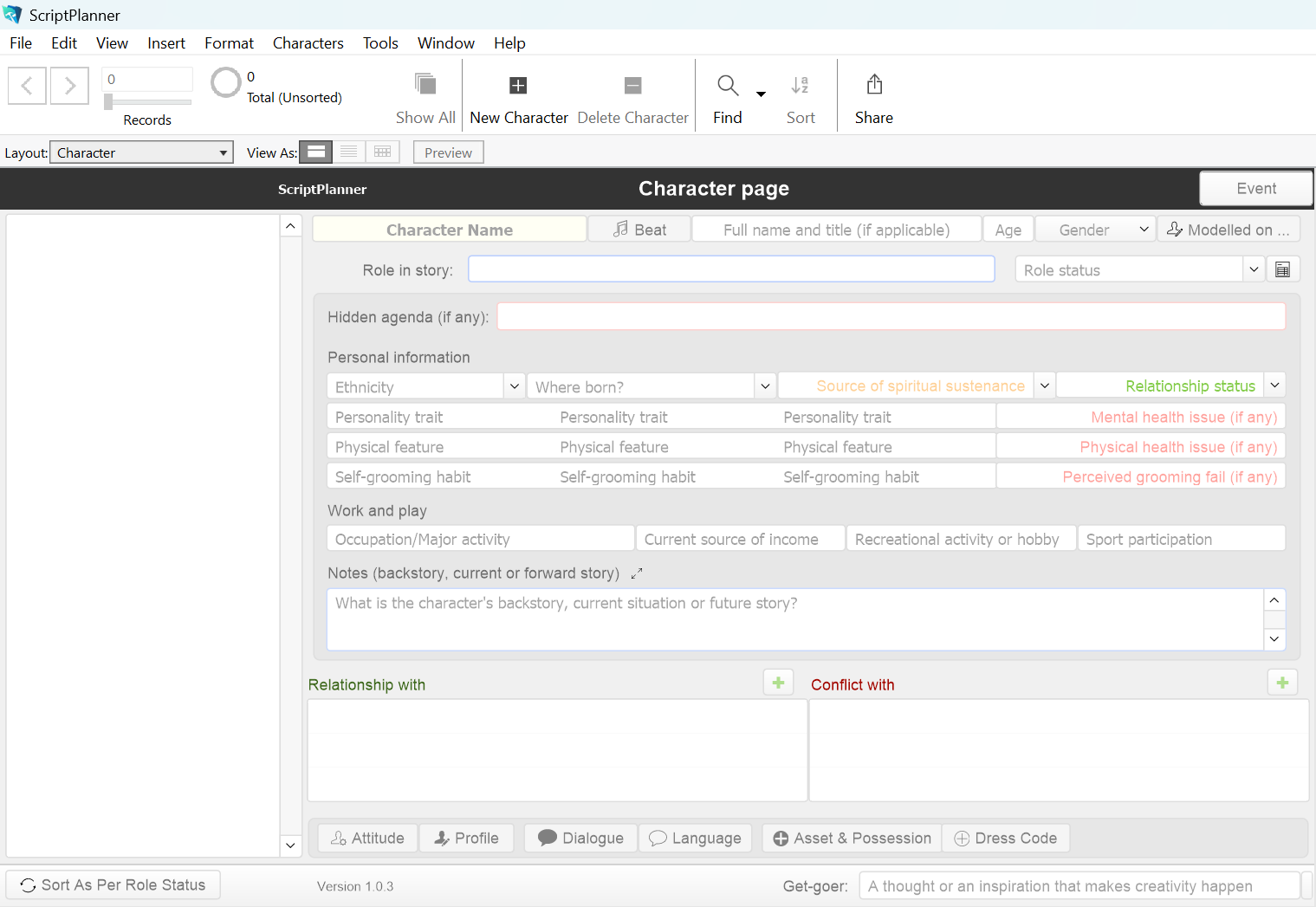 ScriptPlanner's character profiles